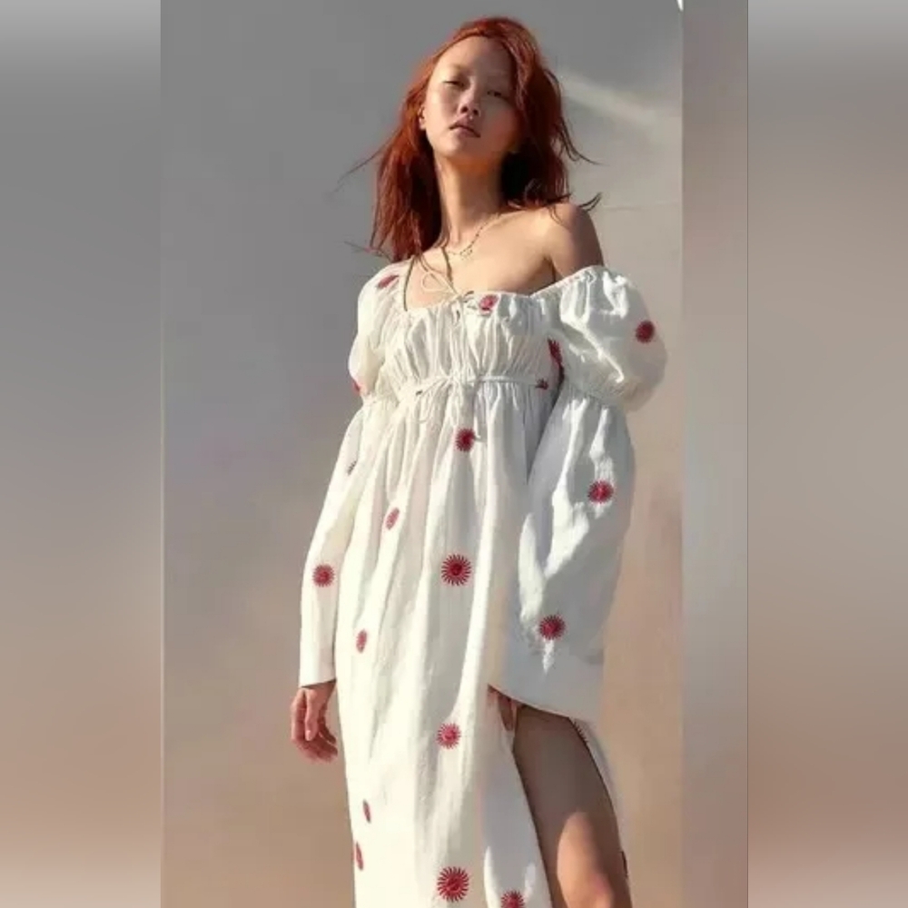 NWOT Free People Emory Embroidered Cotton-Linen Blend Midi Dress Ivory XS